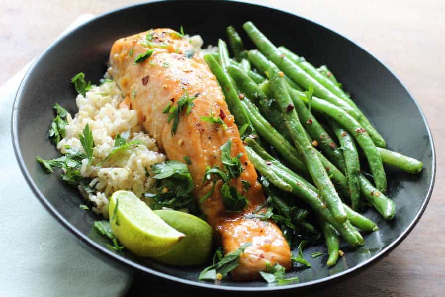 Maple and Miso Sheet-Pan Salmon With Green Beans Bowl
