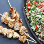 Lemony Chicken Kebabs over Cauliflower Tabbouleh