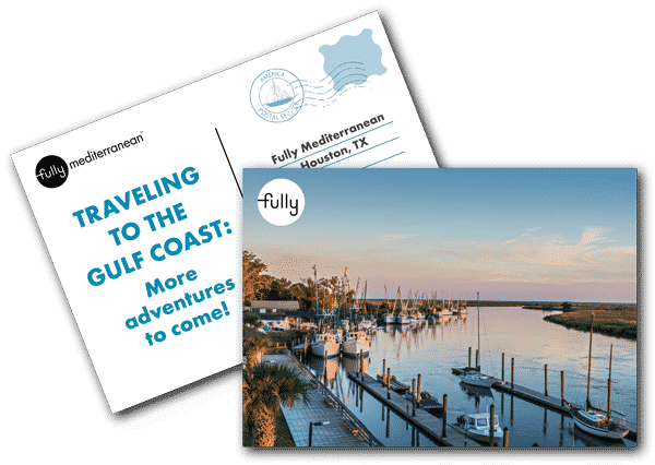 Traveling to the gulf coast cooking class with fully mediterranean postcard