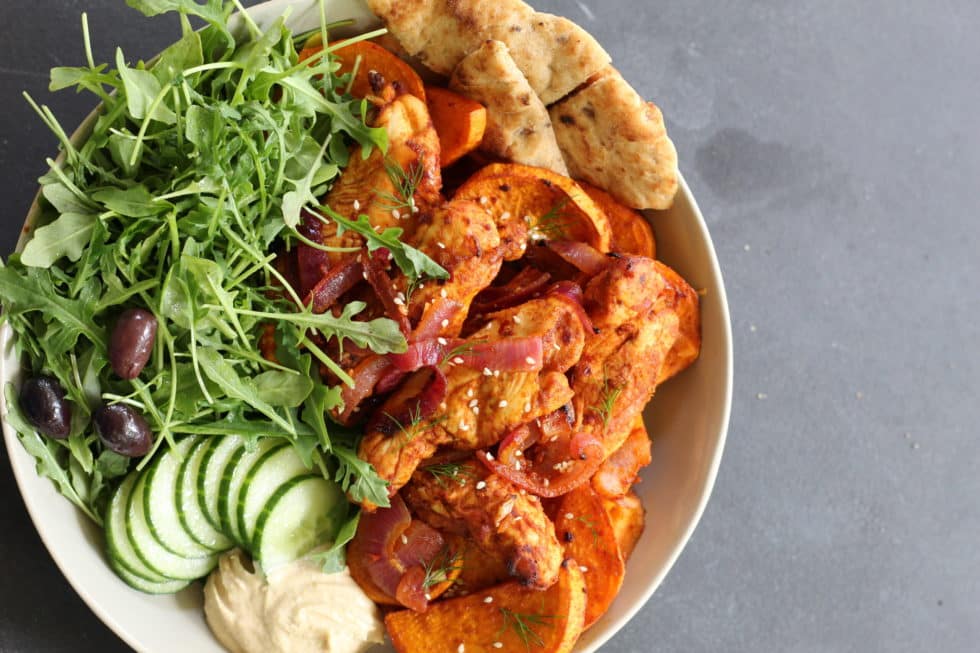 sheet pan, chicken, shawarma, sweet potatoes