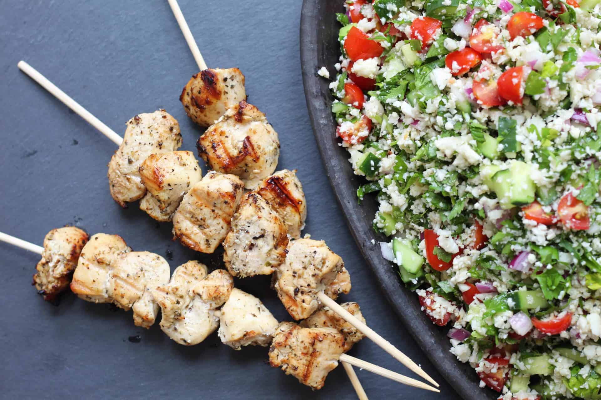 Lemony Chicken Kebabs over Cauliflower Tabbouleh