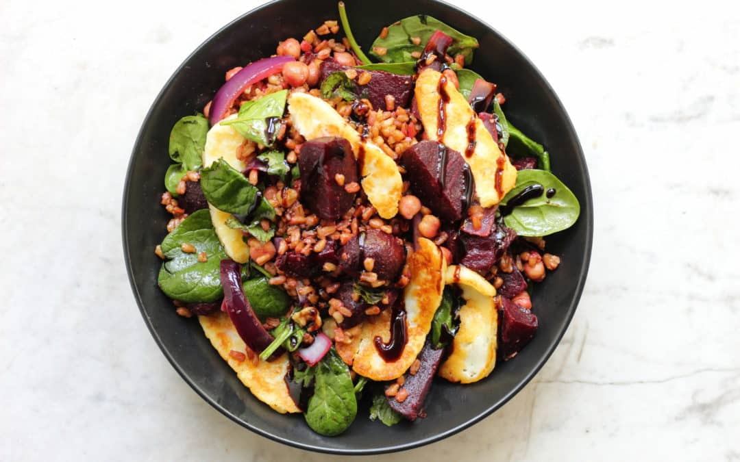 Wilted Spinach Salad with Beets and Halloumi