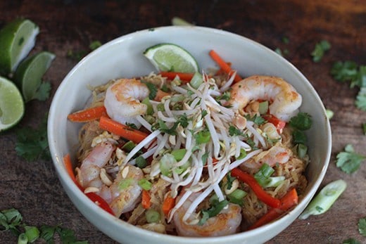 takeout thai cooking class thai noodle bowl with shrimp bean sprouts, and veggies fully mediterranean cooking class