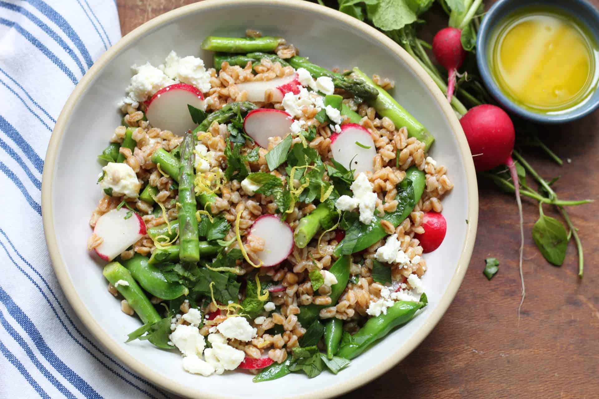 Vegan Snap Pea Arugula Farro Salad - ShortGirlTallOrder