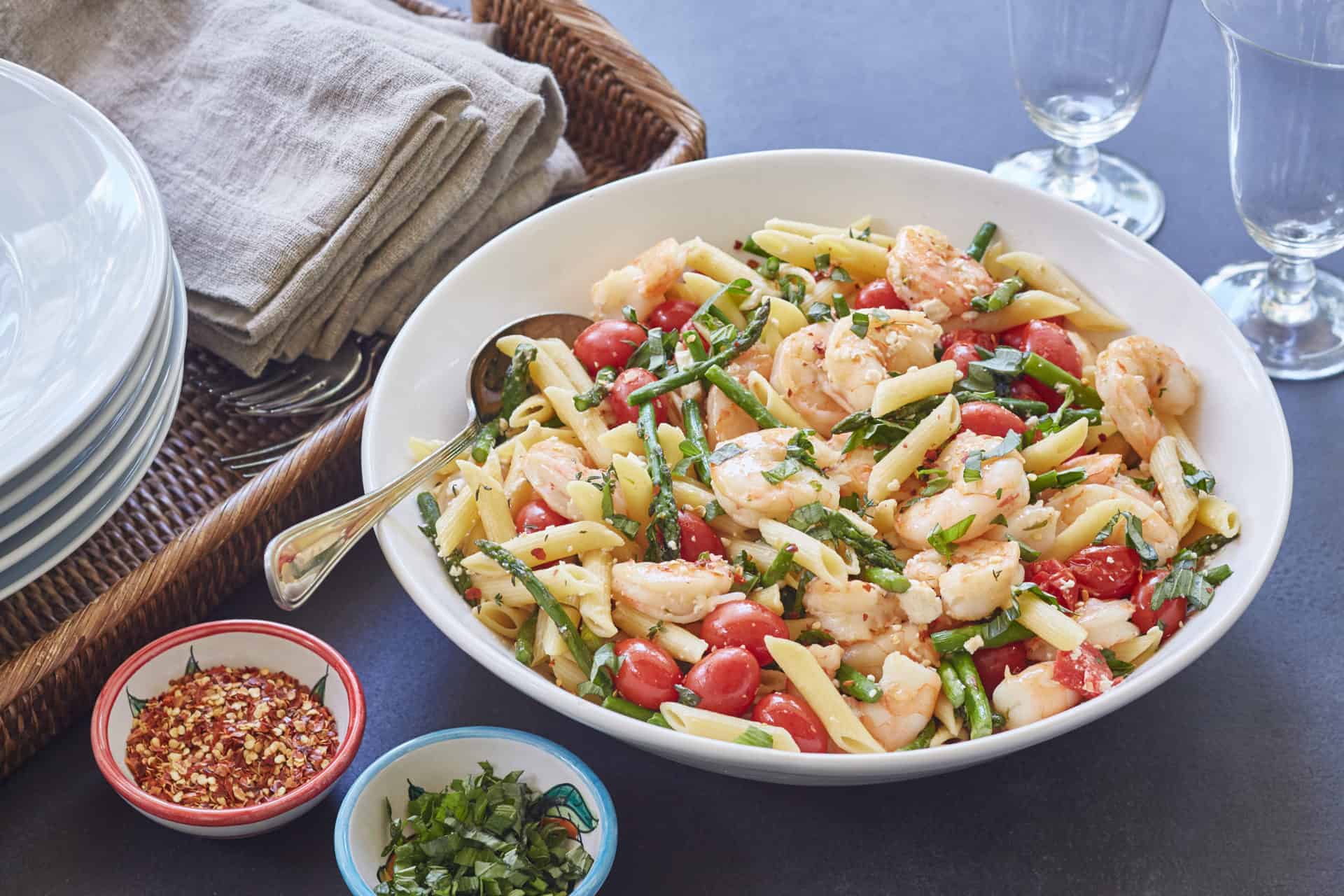 Shrimp, Seafood, Spring, Asparagus, Pasta, Dinner, Quick & Easy, Mediterranean diet, Mediterranean