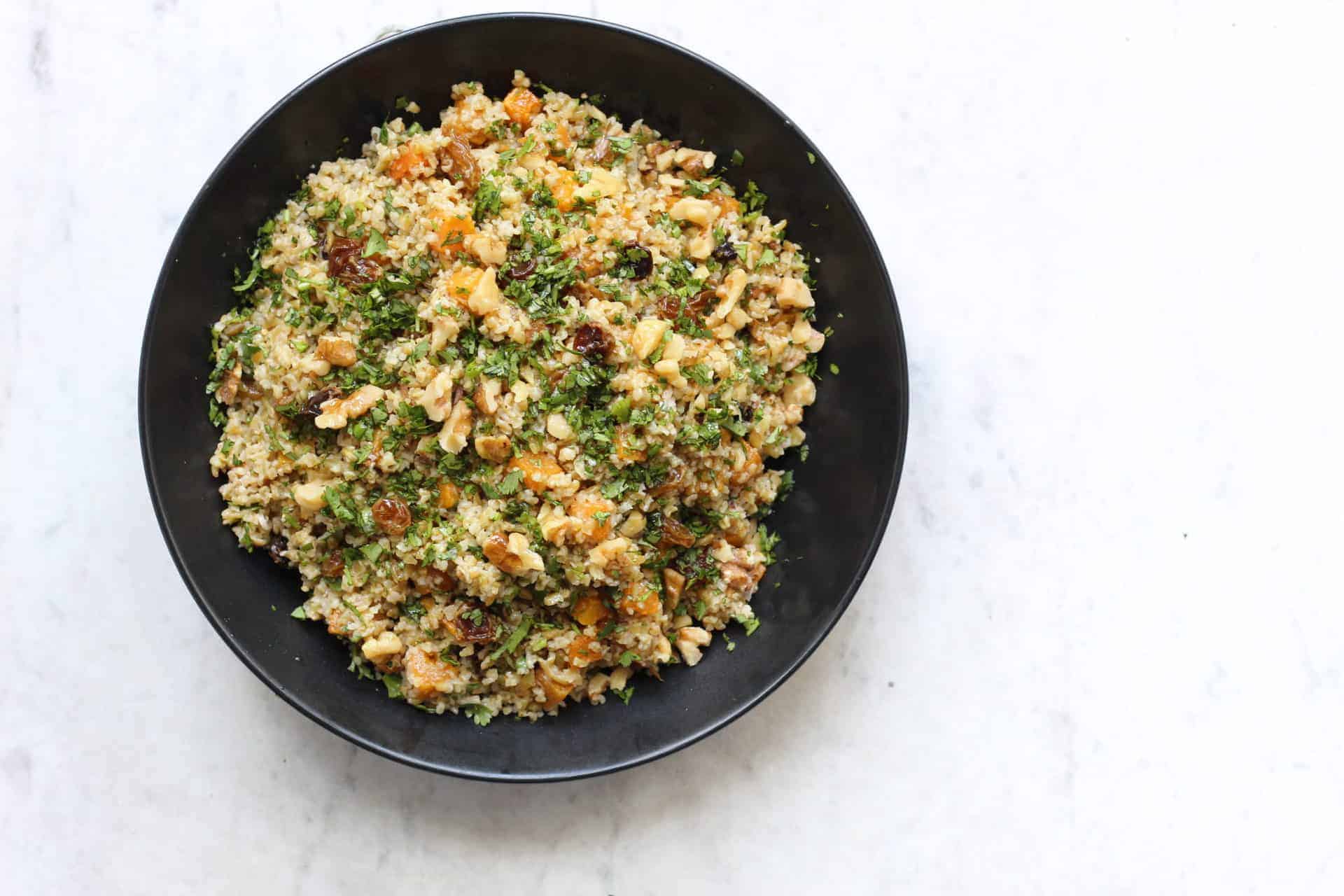 freekeh salad with butternut squash walnuts and raisins