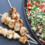 lemony chicken kebobs over cauliflower tabbouleh