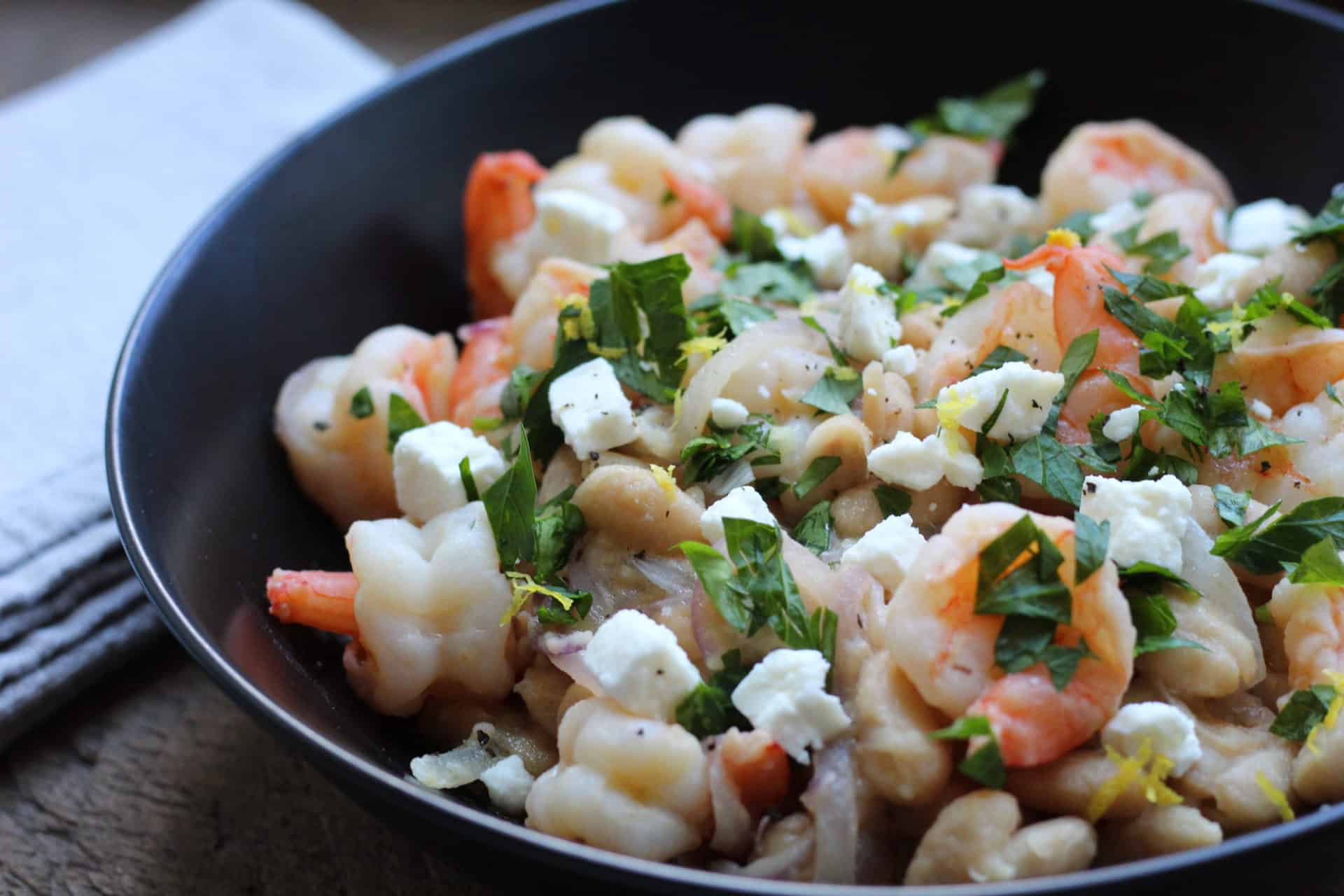 one skillet lemony shrimp with white beans and feta