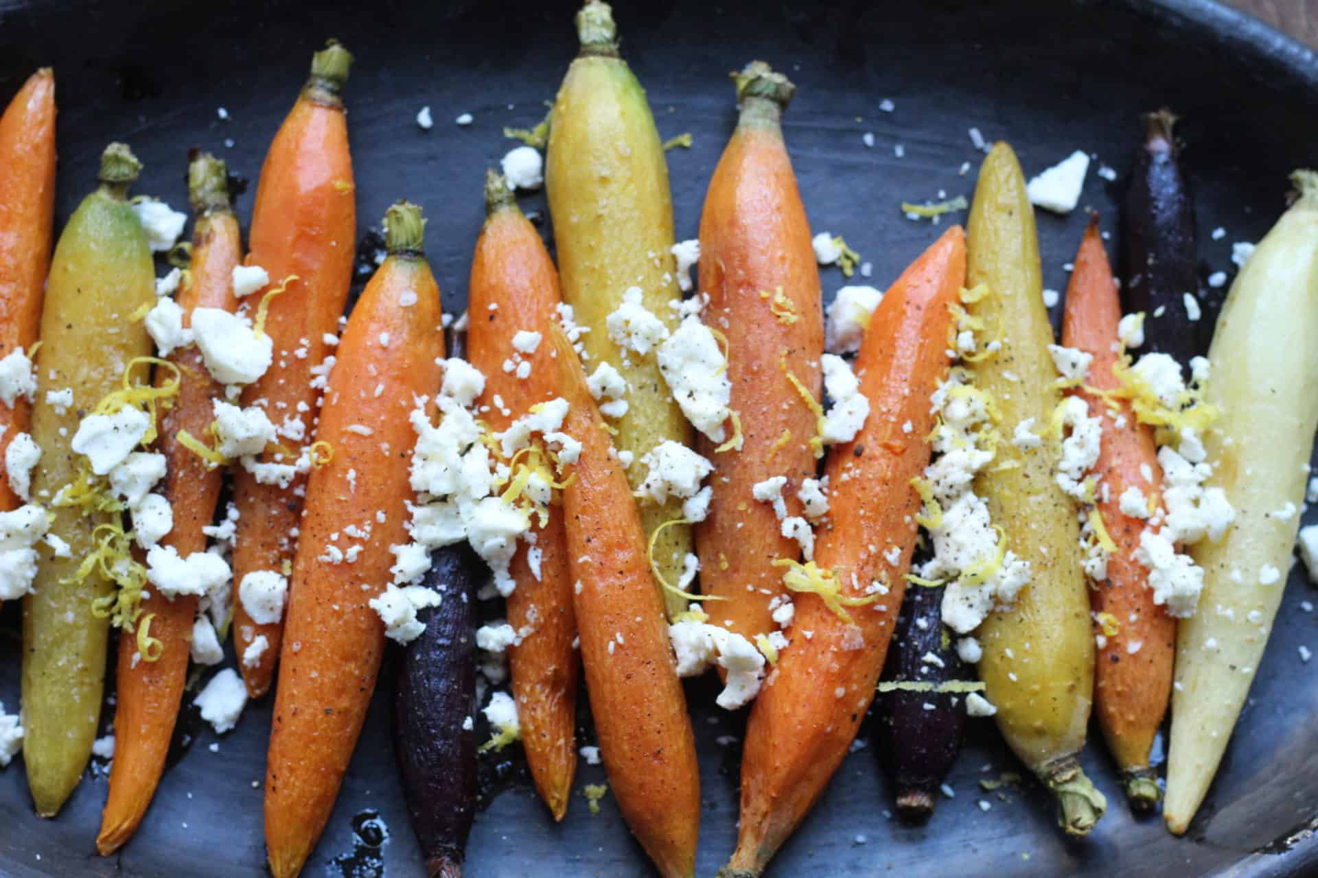 roasted rainbow carrots with feta lemon and truffle oil