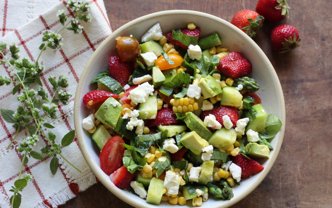 Chopped Summer Salad with Strawberries, Avocado, Corn and Asparagus
