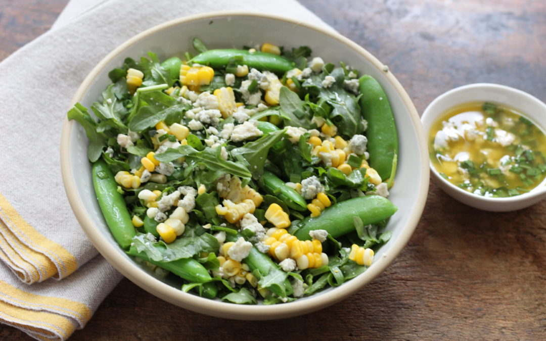 Corn and Snap Pea Salad with Blue Cheese Vinaigrette