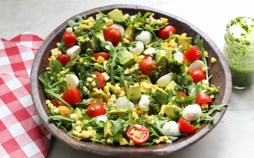 Layered Summer Salad with Avocado, Corn, Tomatoes and Basil Vinaigrette