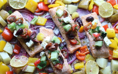 Dinner, Sheet Pan, Salmon, Seafood, Fish, Quick & Easy, Greek, Mediterranean, Mediterranean diet