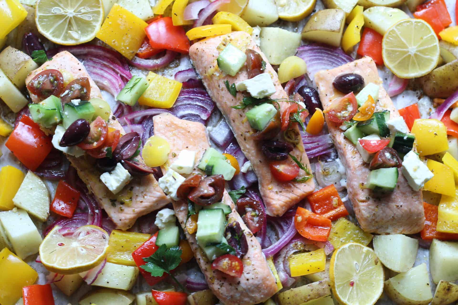 Dinner, Sheet Pan, Salmon, Seafood, Fish, Quick & Easy, Greek, Mediterranean, Mediterranean diet