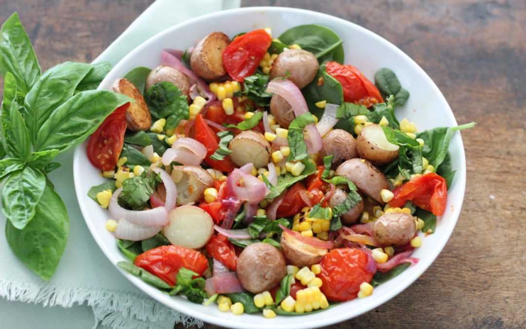 Roasted Tomato, Corn and Potato Salad with Wilted Spinach