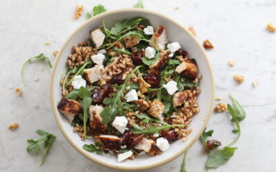 Farro Salad with Harissa Chicken, dates, goat cheese and walnuts