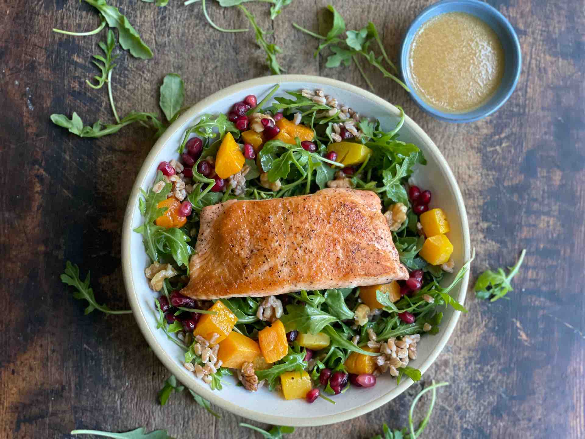 Pan Seared Salmon Salad with Butternut Squash and Farro