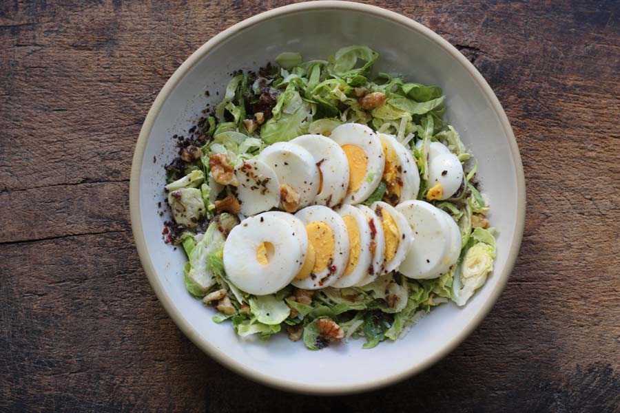 aerial view of shaved brussels sprouts salad