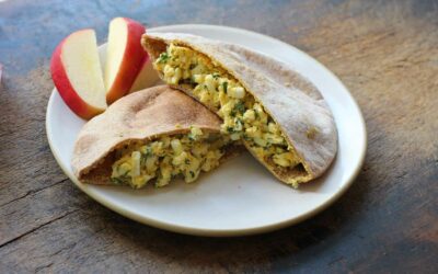 egg salad in whole-wheat pita with feta and apple on the side