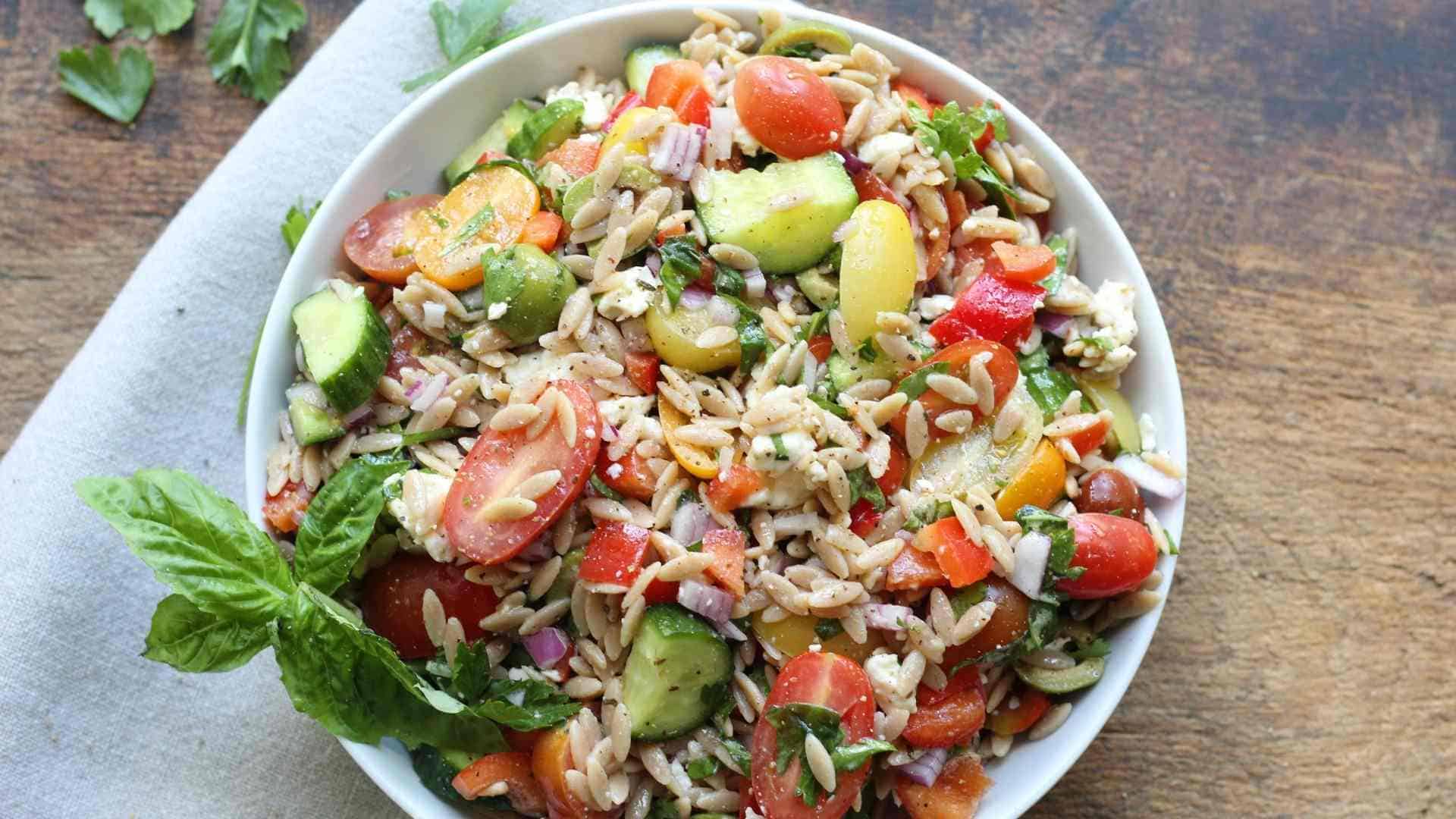 greek orzo salad with feta in bowl