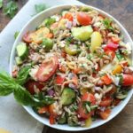 Greek orzo pasta salad with feta in a bowl