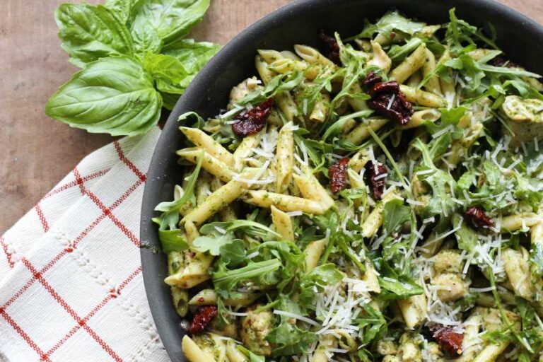 Pesto Pasta with Chicken and Arugula Bowl