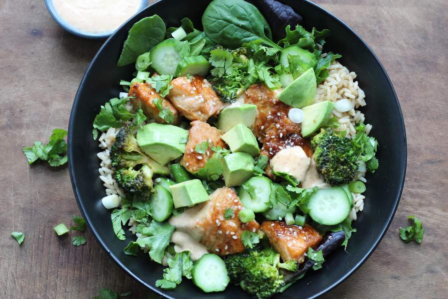 Soy Ginger Salmon Rice Bowl with Spicy Mayo